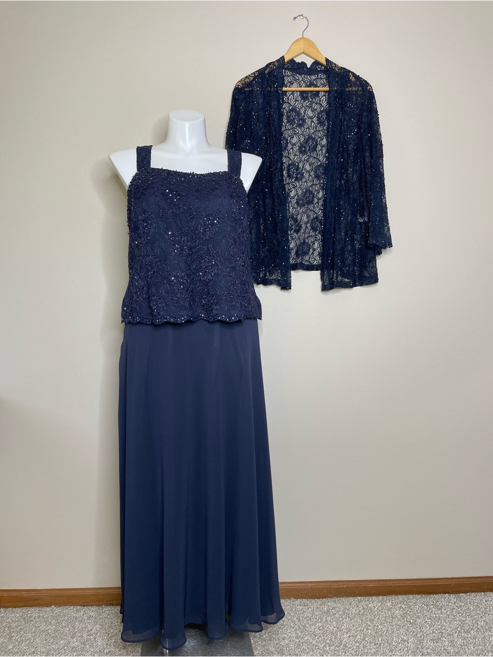 Elegant Navy Blue Lace, Sequins and Chiffon Evening Dress with Matching Jacket